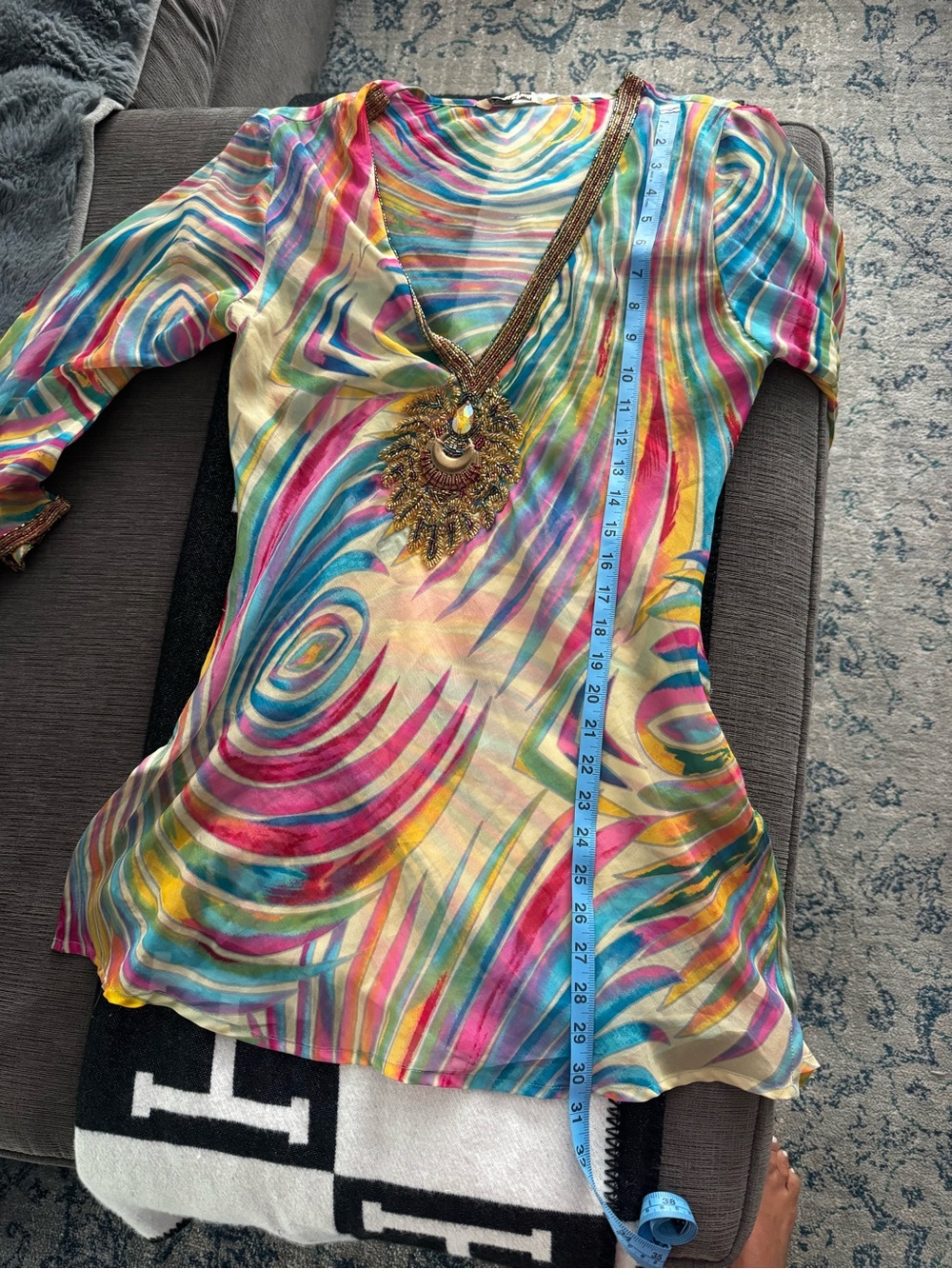 Embellished Multicolor V-Neck Swirl Print cover up  Tunic - Yellow Base - Picture 7 of 7